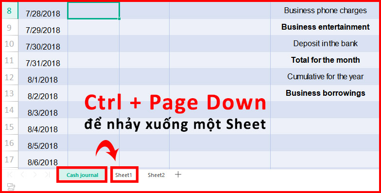 Nhấn Ctrl + Page Down để di chuyển xuống một trang tính
