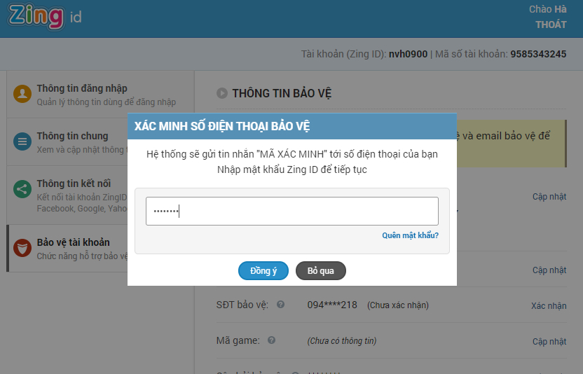 Nhập mật khẩu ZingID của bạn và bấm OK
