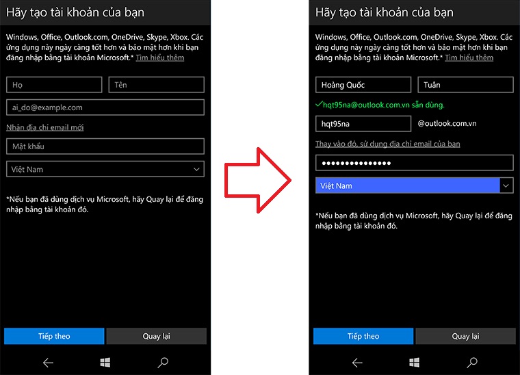 Nhập tất cả thông tin để tạo tài khoản Microsoft trên Windows 10 Mobile