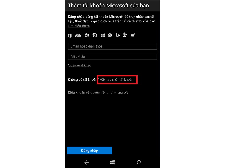 Tạo tài khoản Microsoft trên Windows 10 Mobile