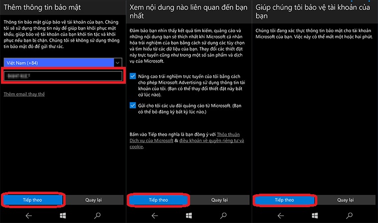 Các bước xác minh để tạo tài khoản Microsoft trên Windows 10 Mobile