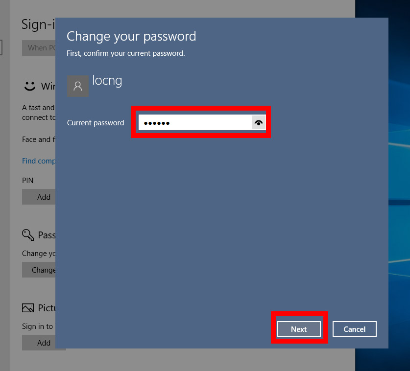 Nhập mật khẩu của tài khoản cục bộ hiện tại và nhấp vào Tiếp theo