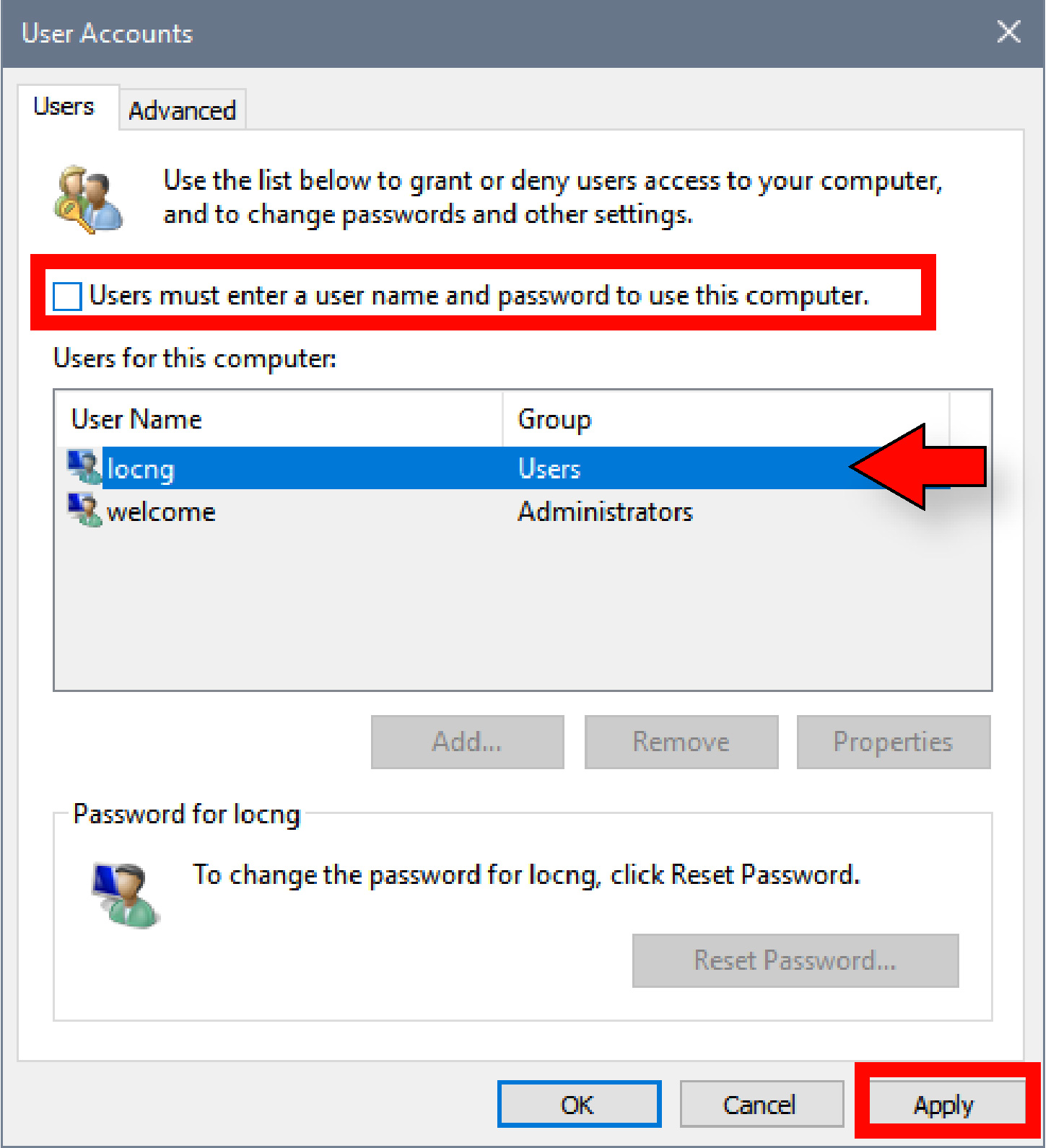 Chọn tài khoản bạn muốn xóa mật khẩu, xóa hộp kiểm Người dùng phải nhập tên người dùng và mật khẩu để sử dụng máy tính này và nhấp vào Áp dụng.