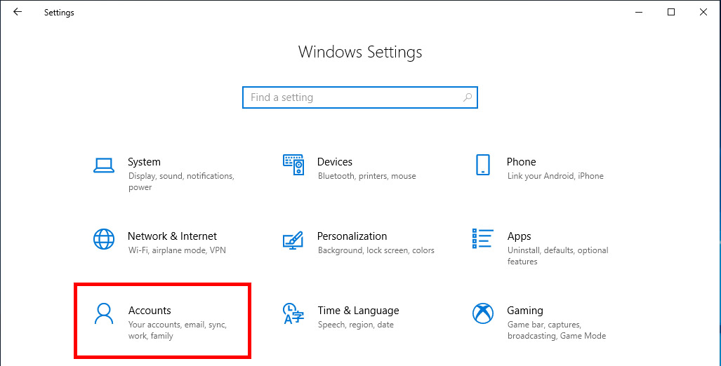 Nhấn phím tắt Windows + I để mở Cài đặt và chọn Tài khoản
