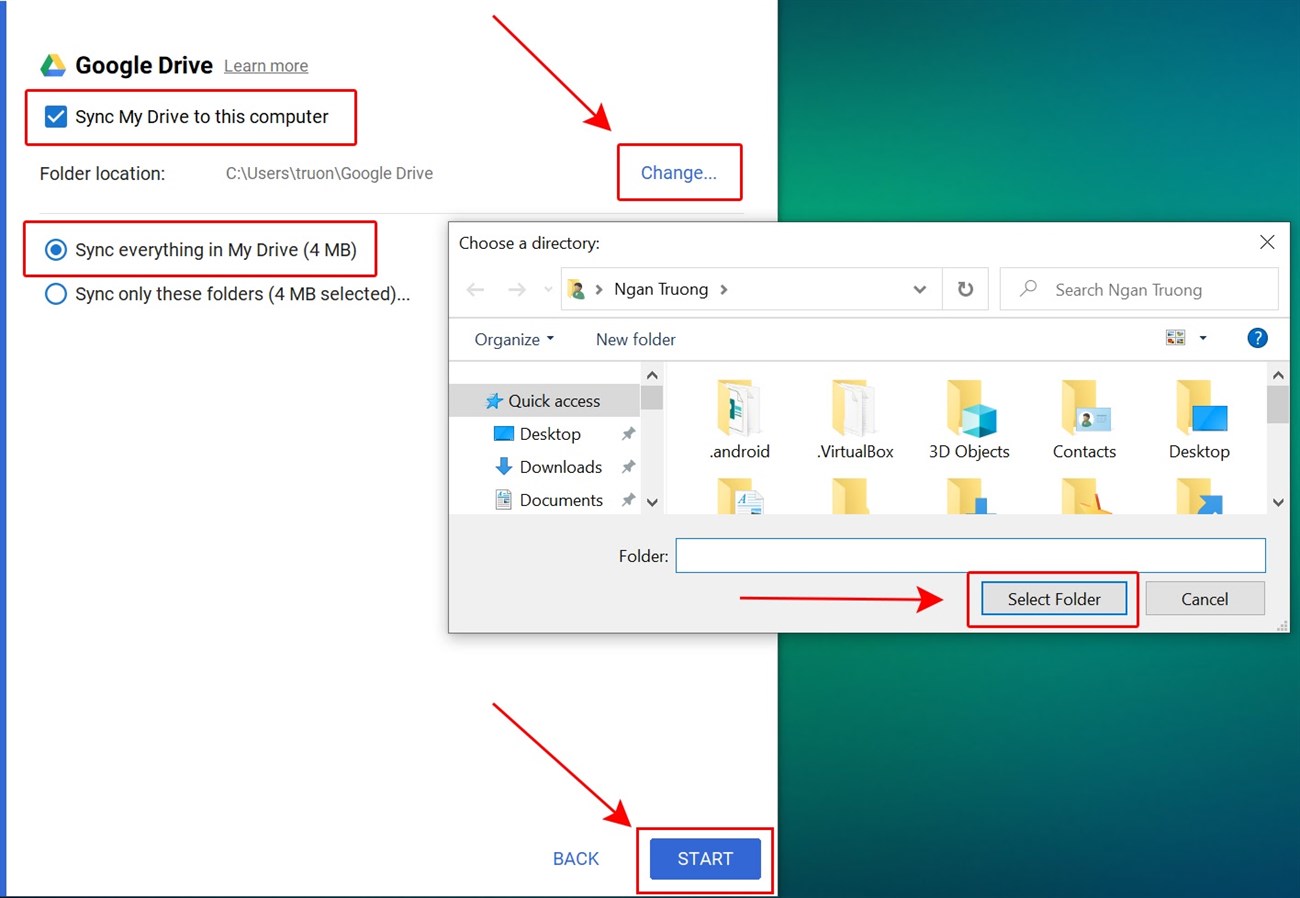 Nhấp vào Bắt đầu để bắt đầu đồng bộ hóa. Tải tất cả dữ liệu trong Google Driver xuống máy tính của bạn
