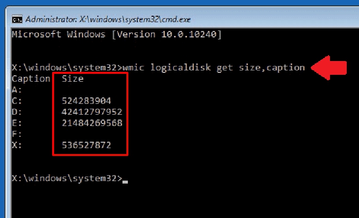 kích thước wmic LogicDisk, nhãn được giữ nguyên