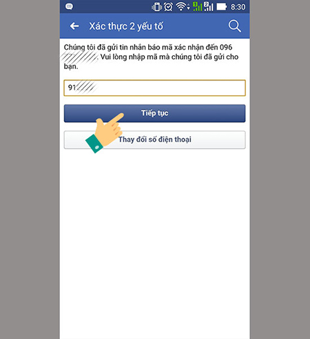 Nhập mã Facebook được gửi qua số điện thoại