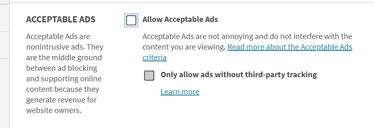  Bỏ chọn hộp [Allow Acceptable Ads]