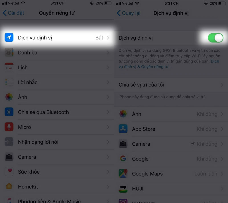 Tắt vị trí trên iPhone