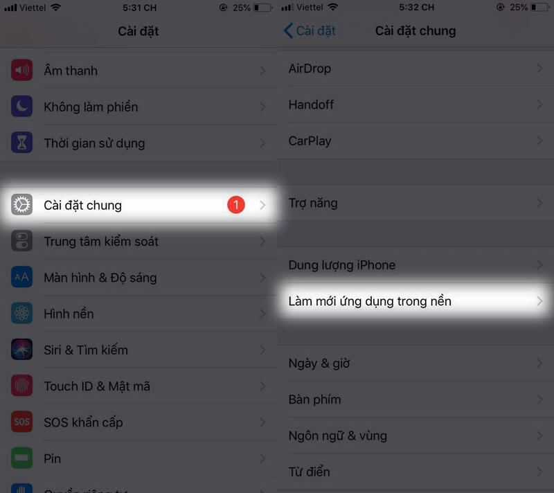 Tắt làm mới ứng dụng nền
