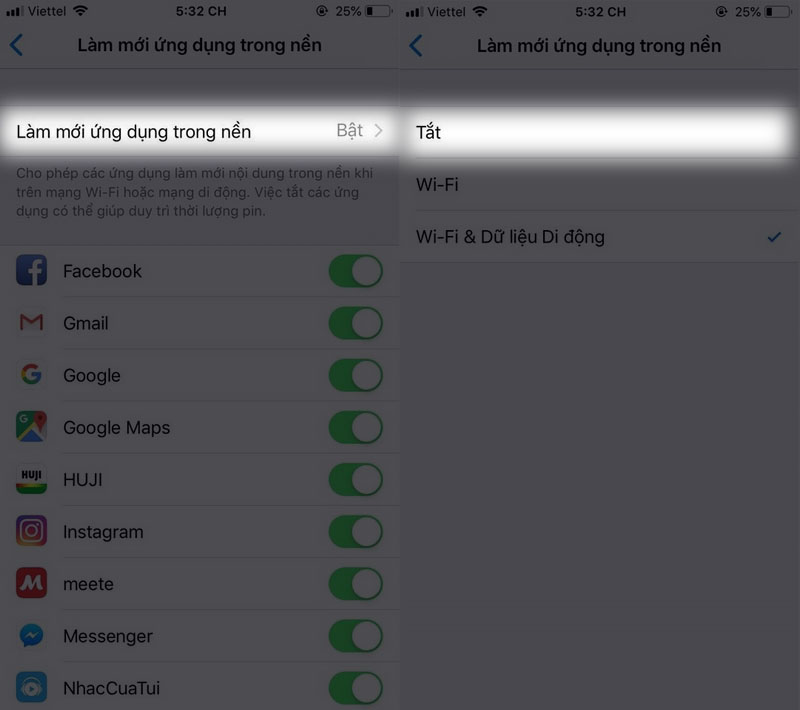 Tắt làm mới ứng dụng nền