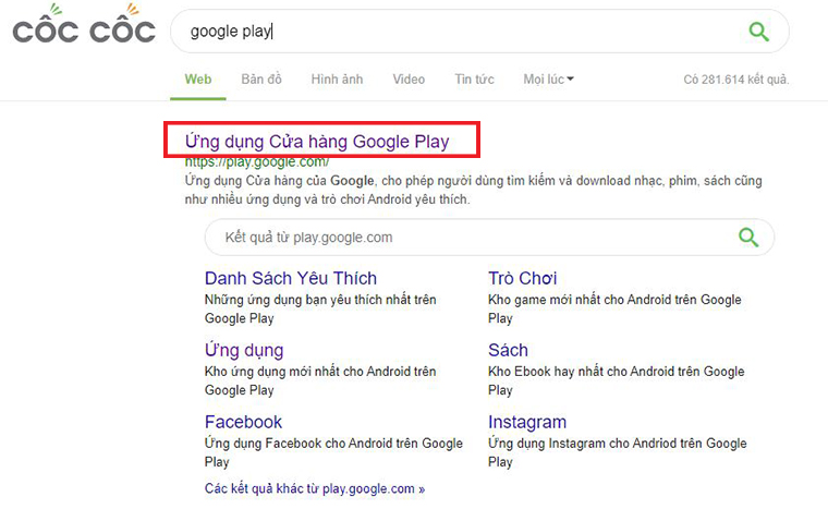 Tìm từ khóa Google Play và truy cập Google Play