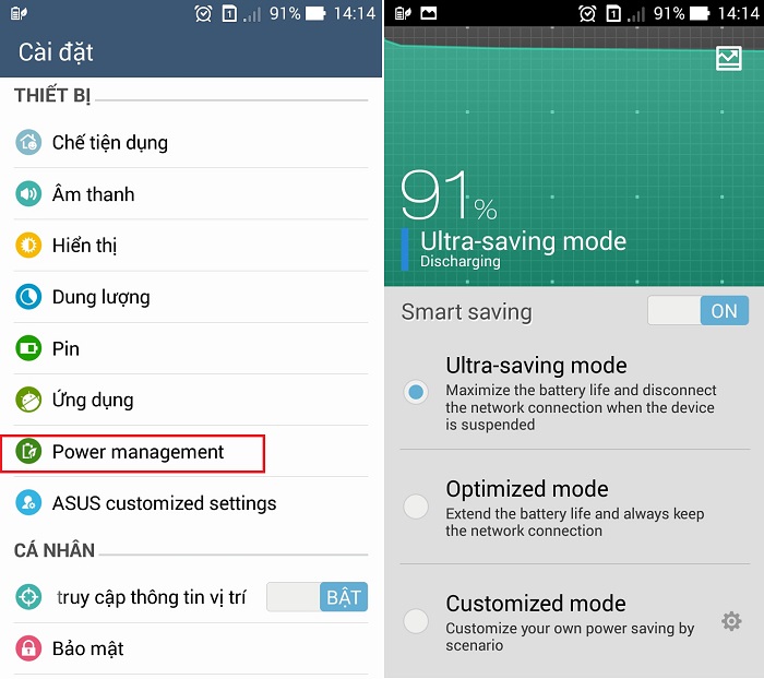 Bật chế độ tiết kiệm pin có trên Zenfone