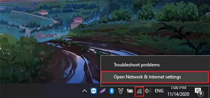 Nhấp chuột phải vào biểu tượng WiFi và chọn Mở Cài đặt Mạng và Internet