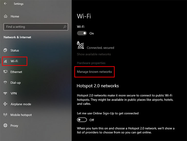 Trong phần Wifi, chọn Quản lý các mạng đã biết