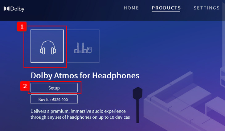 Chọn Dolby Atmos cho tai nghe để nghe nhạc qua tai nghe hoặc Dolby Atmos cho rạp hát tại nhà để nghe nhạc qua bộ khuếch đại hoặc loa chuyên nghiệp.  Sau đó nhấn Thiết lập.