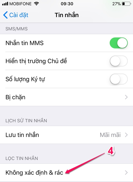 Cách chặn tin nhắn rác trên iOS 11