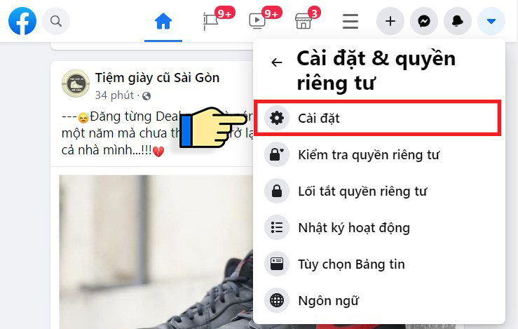 Truy cập cài đặt trong Facebook