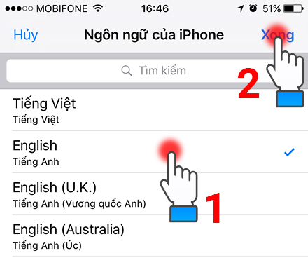 Chọn English và nhấn Done để chuyển iPhone sang tiếng Anh.