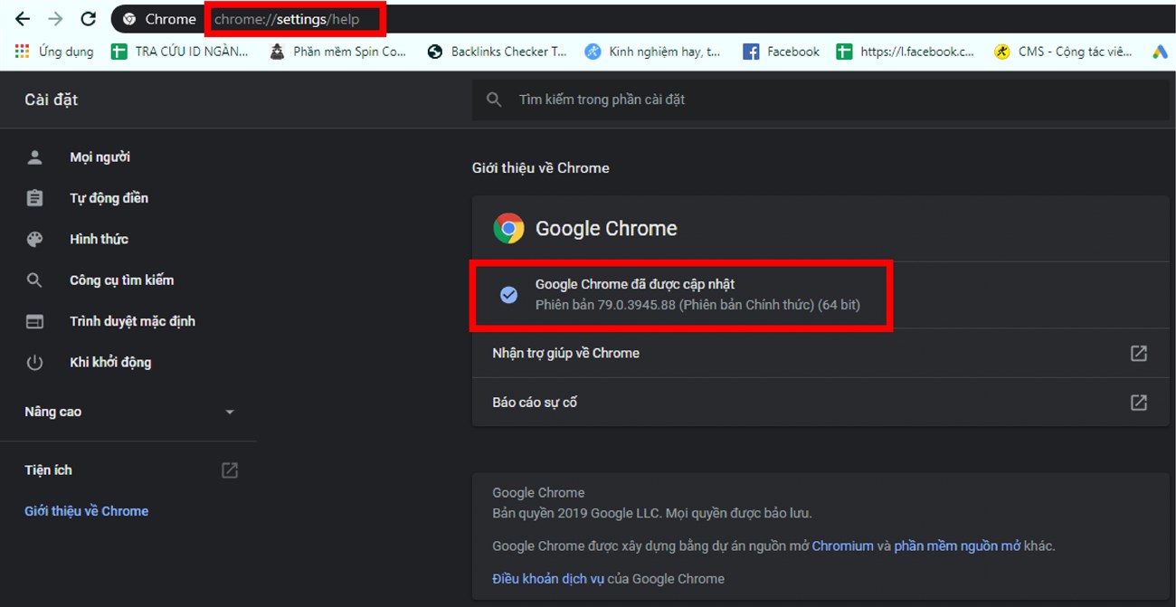 Dán chrome: // settings / help vào url tìm kiếm và nhấn enter để kiểm tra các bản cập nhật