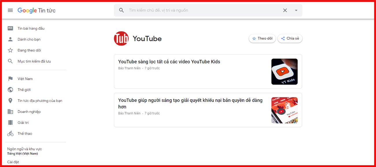 Tra cứu thông tin YouTube trong Google Tin tức