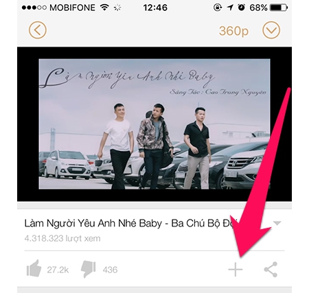 Nhấp vào dấu cộng để thêm vào danh sách phát - Nhạc trên YouTube khi bạn đang sử dụng màn hình hoặc làm việc trên iPhone