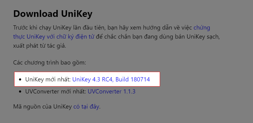 Chọn phiên bản Unikey mới nhất