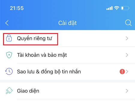 Chọn tab Quyền riêng tư