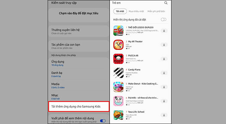 Kiểm soát quyền truy cập, cuộn xuống và chọn Tải xuống ứng dụng khác cho Samsung Kids.