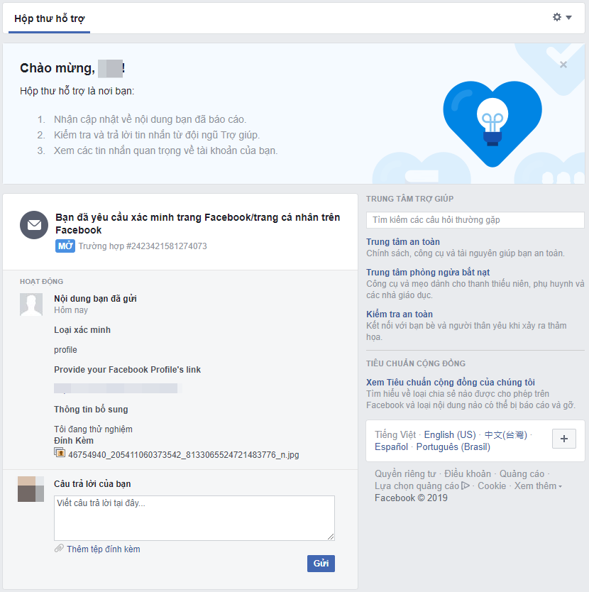 Chờ phản hồi từ Facebook.