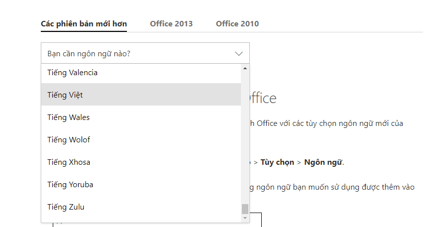 Chọn phiên bản và ngôn ngữ để tải xuống Microsoft Office