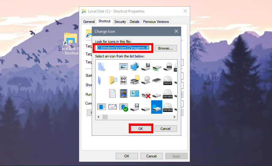 Nhập địa chỉ C:  Windows  system32  imageres.dll vào thanh tìm kiếm và chọn biểu tượng mong muốn 