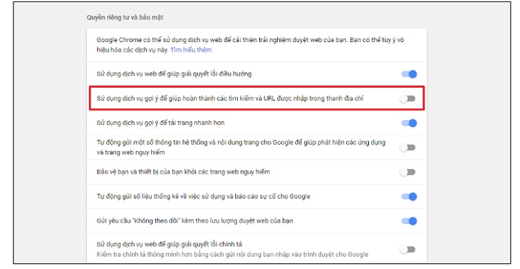 Trong phần Quyền riêng tư và bảo mật, hãy hủy kích hoạt chức năng trong phần Sử dụng dịch vụ thông báo để hoàn tất tìm kiếm và nhập URL vào thanh địa chỉ. 
