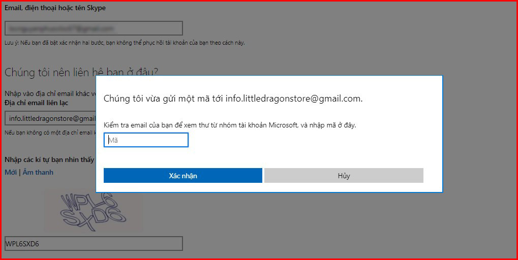 Nhập mã xác minh do Microsoft gửi qua email liên hệ