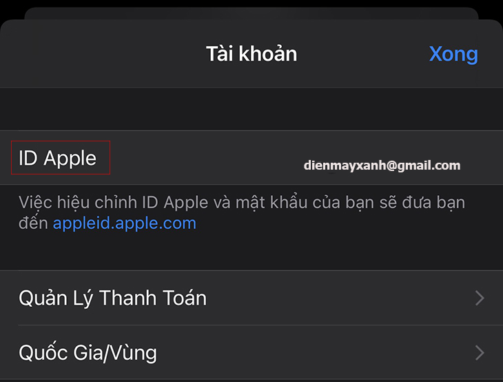 Chọn mục Apple ID