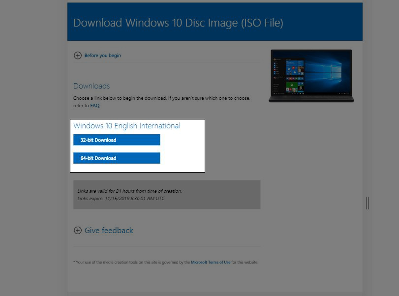 Chọn phiên bản 32 bit của Windows 10 hoặc phiên bản 64 bit của Windows 10