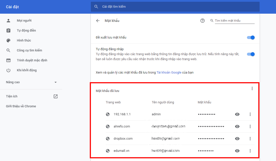 Danh sách mật khẩu được hiển thị ở đây