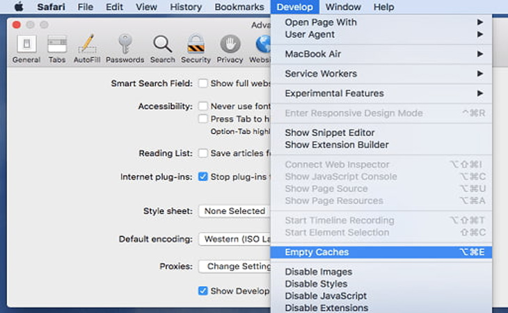 Cách xóa bộ nhớ cache trên MacBook: Trên Safari