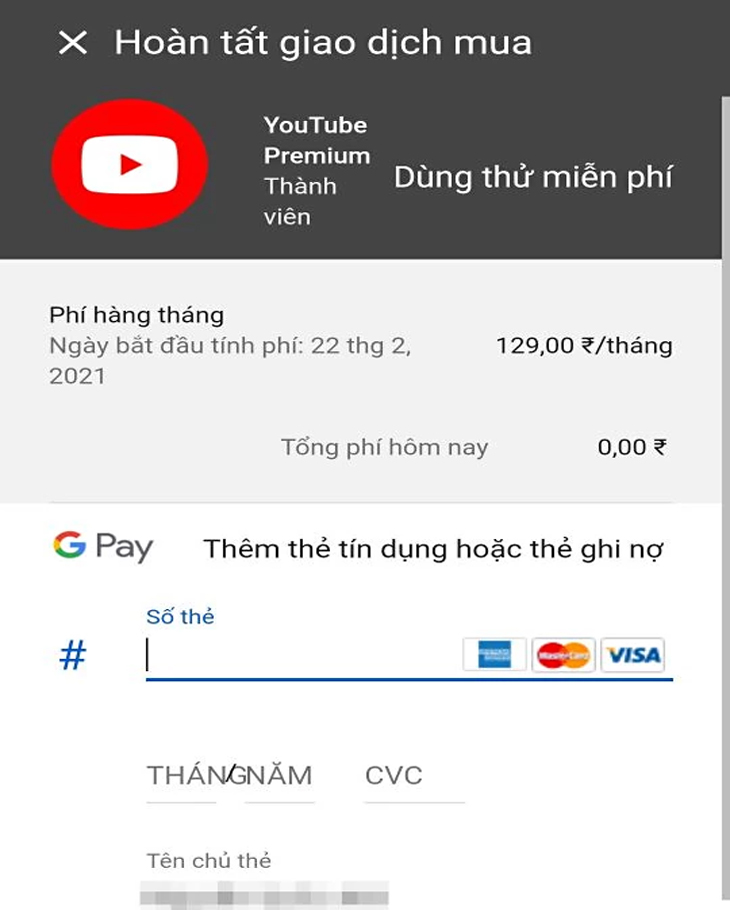 Bước 4: Tại đây bạn cần nhập số thẻ tín dụng của mình theo hướng dẫn từ Google.