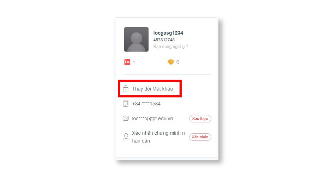 Chọn mục để thay đổi mật khẩu