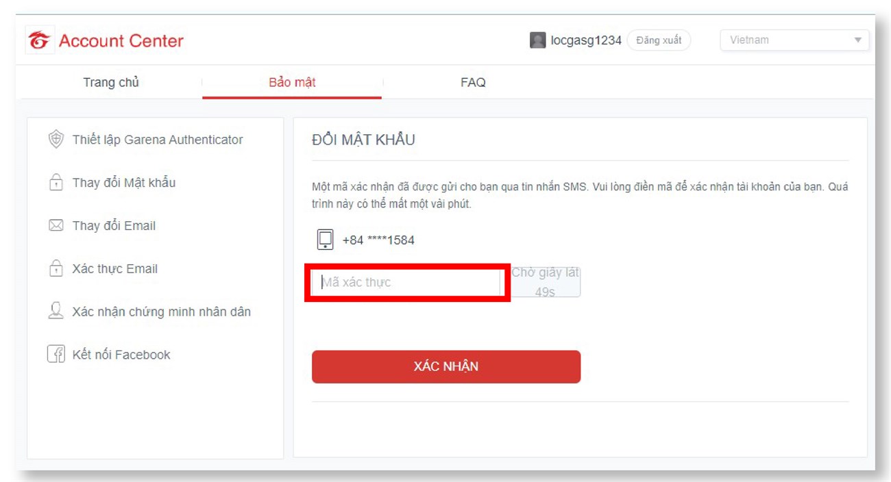 Nhập mã xác minh được gửi qua SMS