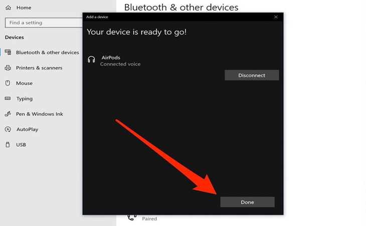 Sau khi hoàn tất thiết lập Bluetooth, chạm vào Xong và đóng cửa sổ Cài đặt.