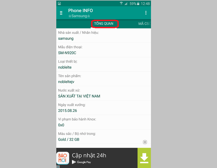 Tab Tổng quan chứa thông tin nhà sản xuất và tên thiết bị