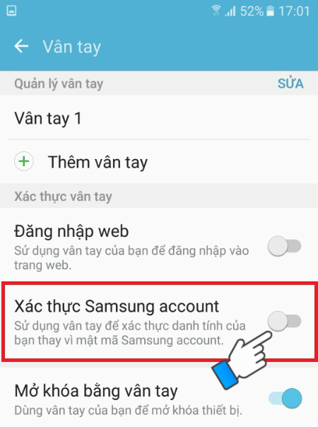Chọn Xác thực tài khoản Samsung