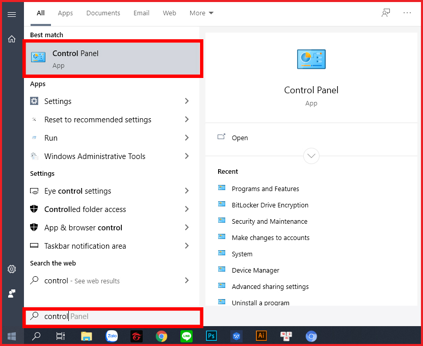 Nhập Control trong menu Start và nhấn Enter để mở Control Panel