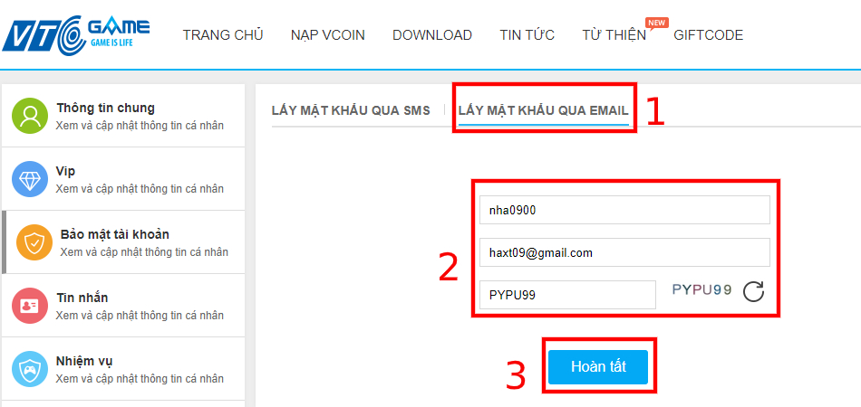 Nhập thông tin tên tài khoản + địa chỉ email đã đăng ký tài khoản và nhấn Hoàn tất