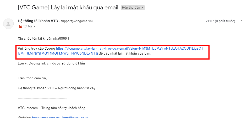 Nhấp vào liên kết xác minh do hệ thống VTC ID trả về.