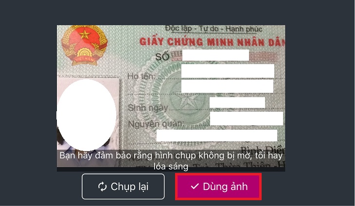 Chụp ảnh mặt trước và mặt sau của CMND