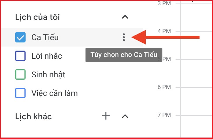 Bước 2: Kéo chuột vào lịch có tên trùng với tên tài khoản của bạn và chọn nó