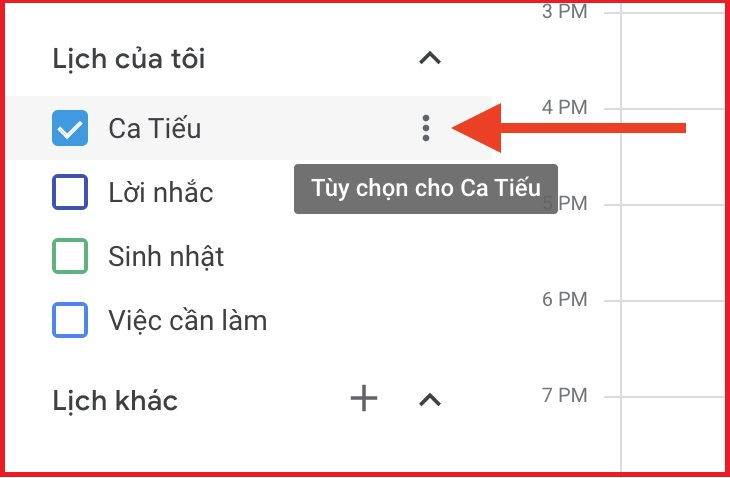 Bước 3: Kéo lịch có cùng tên với tài khoản của bạn và chọn nó.  Nhấp vào nút có ba dấu chấm.